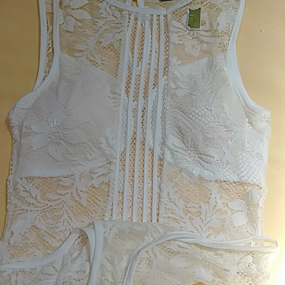 Wrapsody stretch lace bodysuit cream color